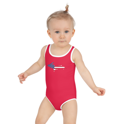 Michigan Upper Peninsula Toddler Swimsuit (w/ UP USA Flag) | Lighthouse Red