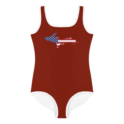 Michigan Upper Peninsula Toddler Swimsuit (w/ UP USA Flag) | Cherryland Red