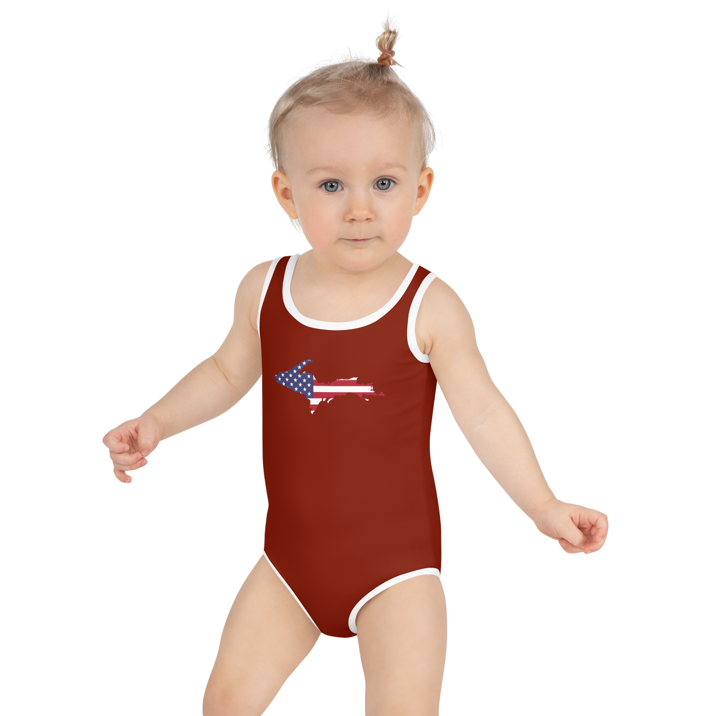 Michigan Upper Peninsula Toddler Swimsuit (w/ UP USA Flag) | Cherryland Red