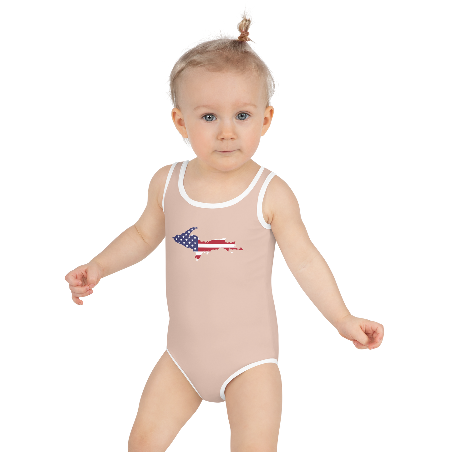 Michigan Upper Peninsula Toddler Swimsuit (w/ UP USA Flag) | Rose Gold