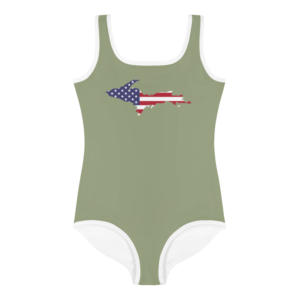 Michigan Upper Peninsula Toddler Swimsuit (w/ UP USA Flag) | Beachgrass Green