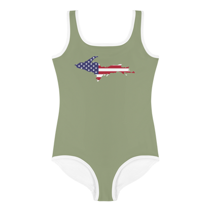 Michigan Upper Peninsula Toddler Swimsuit (w/ UP USA Flag) | Beachgrass Green