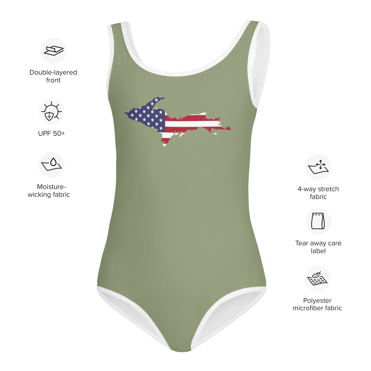 Michigan Upper Peninsula Toddler Swimsuit (w/ UP USA Flag) | Beachgrass Green