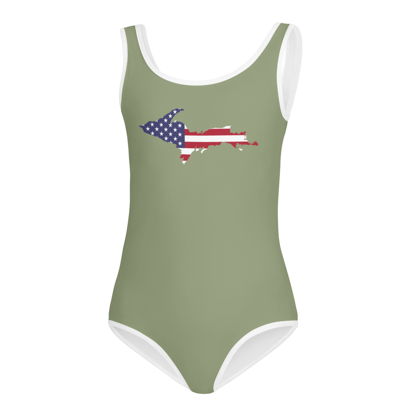 Michigan Upper Peninsula Toddler Swimsuit (w/ UP USA Flag) | Beachgrass Green