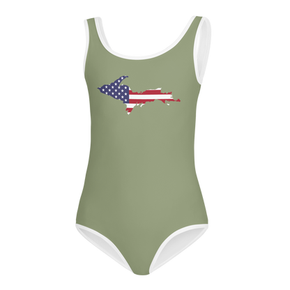 Michigan Upper Peninsula Toddler Swimsuit (w/ UP USA Flag) | Beachgrass Green