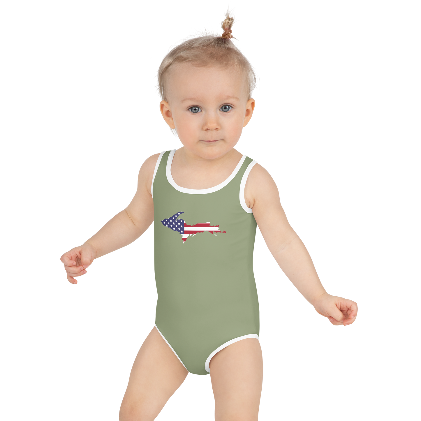 Michigan Upper Peninsula Toddler Swimsuit (w/ UP USA Flag) | Beachgrass Green