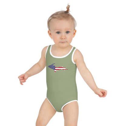 Michigan Upper Peninsula Toddler Swimsuit (w/ UP USA Flag) | Beachgrass Green