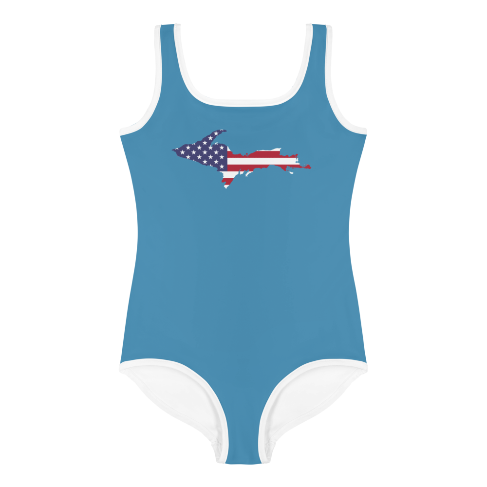 Michigan Upper Peninsula Toddler Swimsuit (w/ UP USA Flag) | Lake Michigan Blue