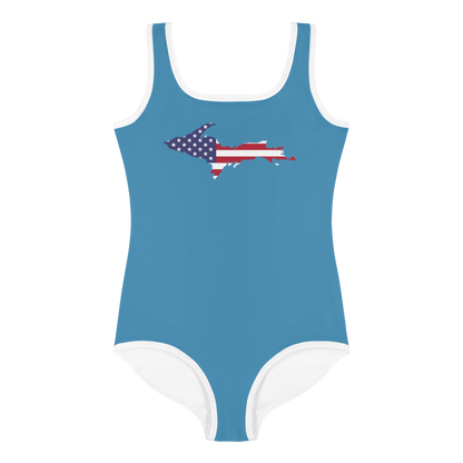 Michigan Upper Peninsula Toddler Swimsuit (w/ UP USA Flag) | Lake Michigan Blue