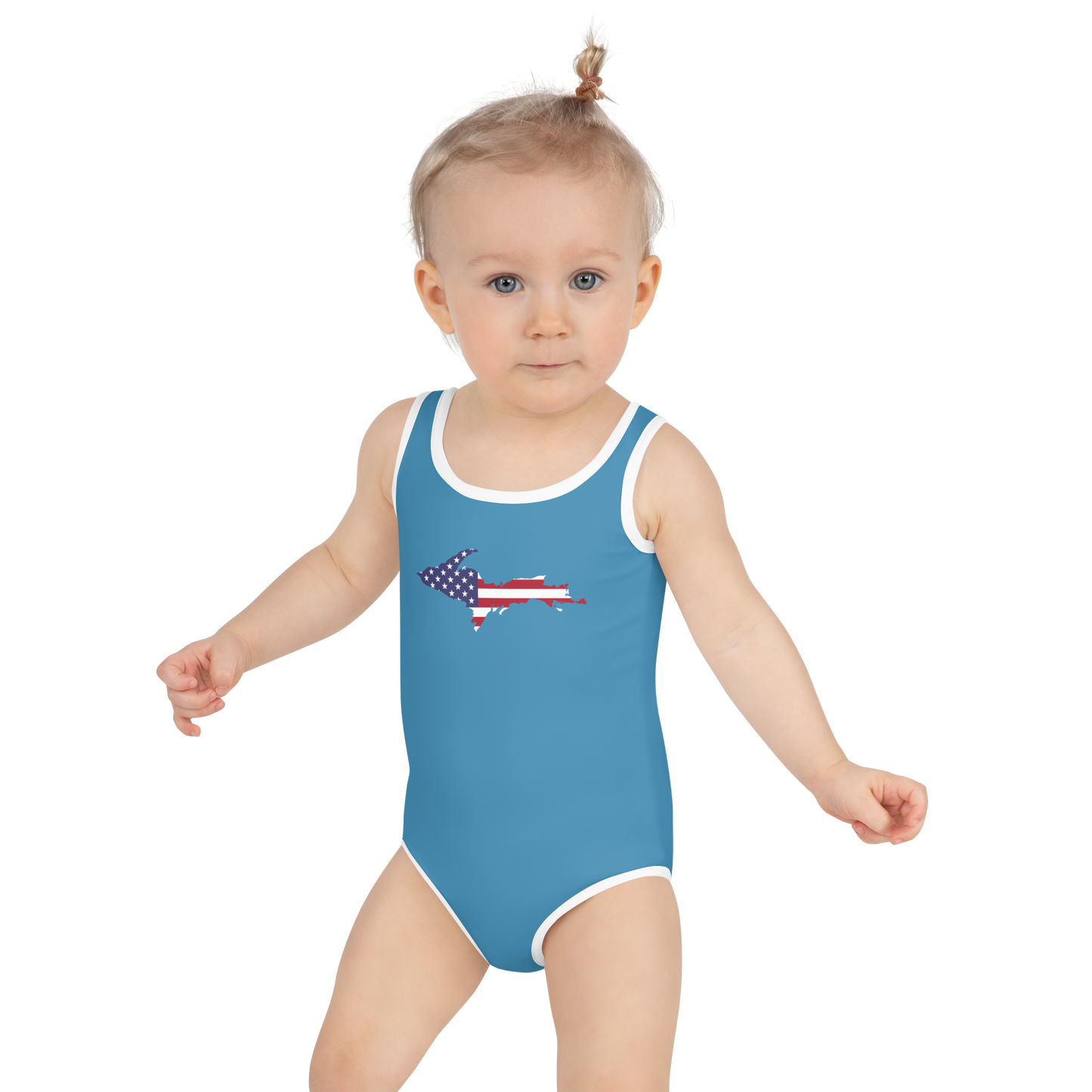 Michigan Upper Peninsula Toddler Swimsuit (w/ UP USA Flag) | Lake Michigan Blue