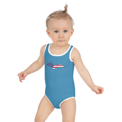 Michigan Upper Peninsula Toddler Swimsuit (w/ UP USA Flag) | Lake Michigan Blue