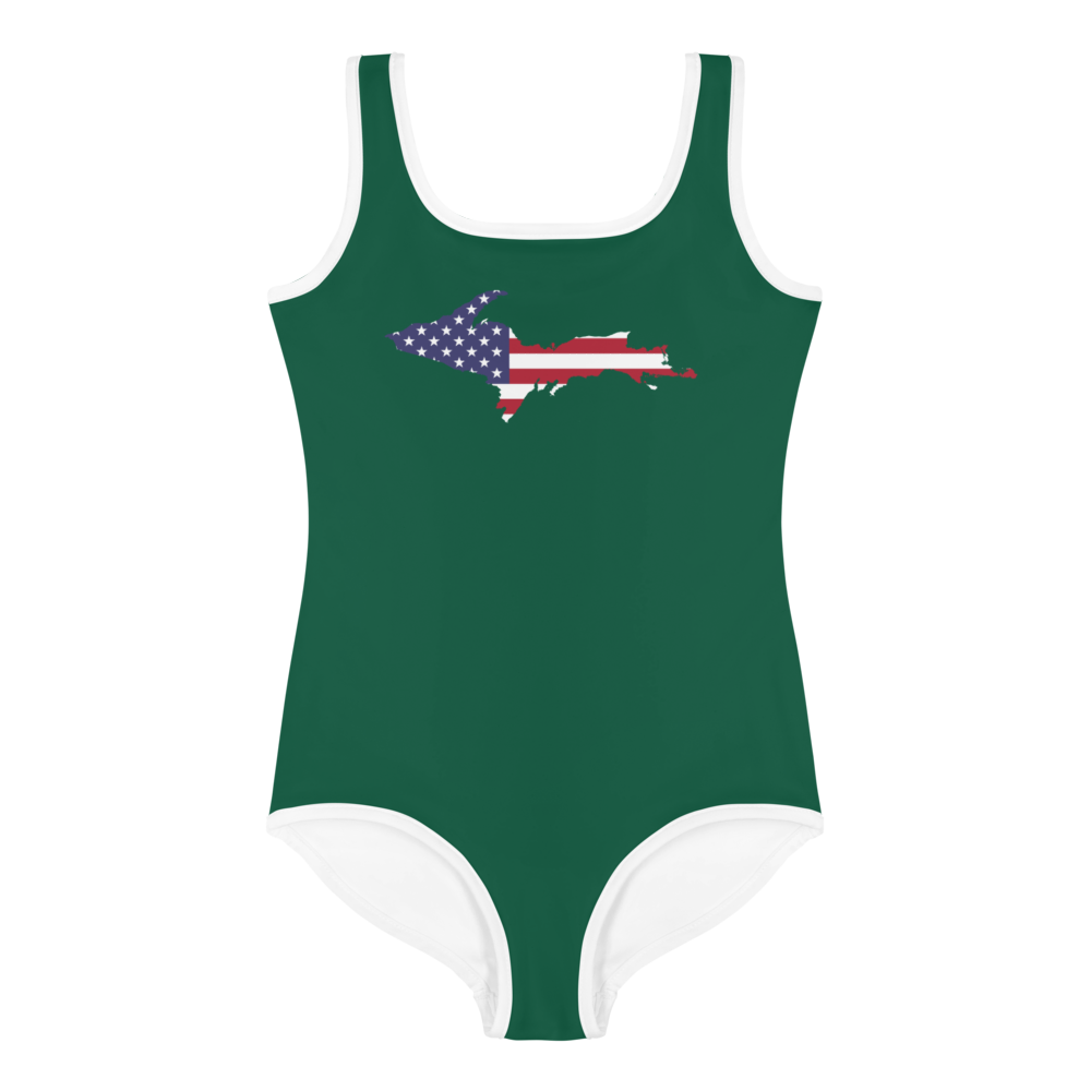 Michigan Upper Peninsula Toddler Swimsuit (w/ UP USA Flag) | Superior Green