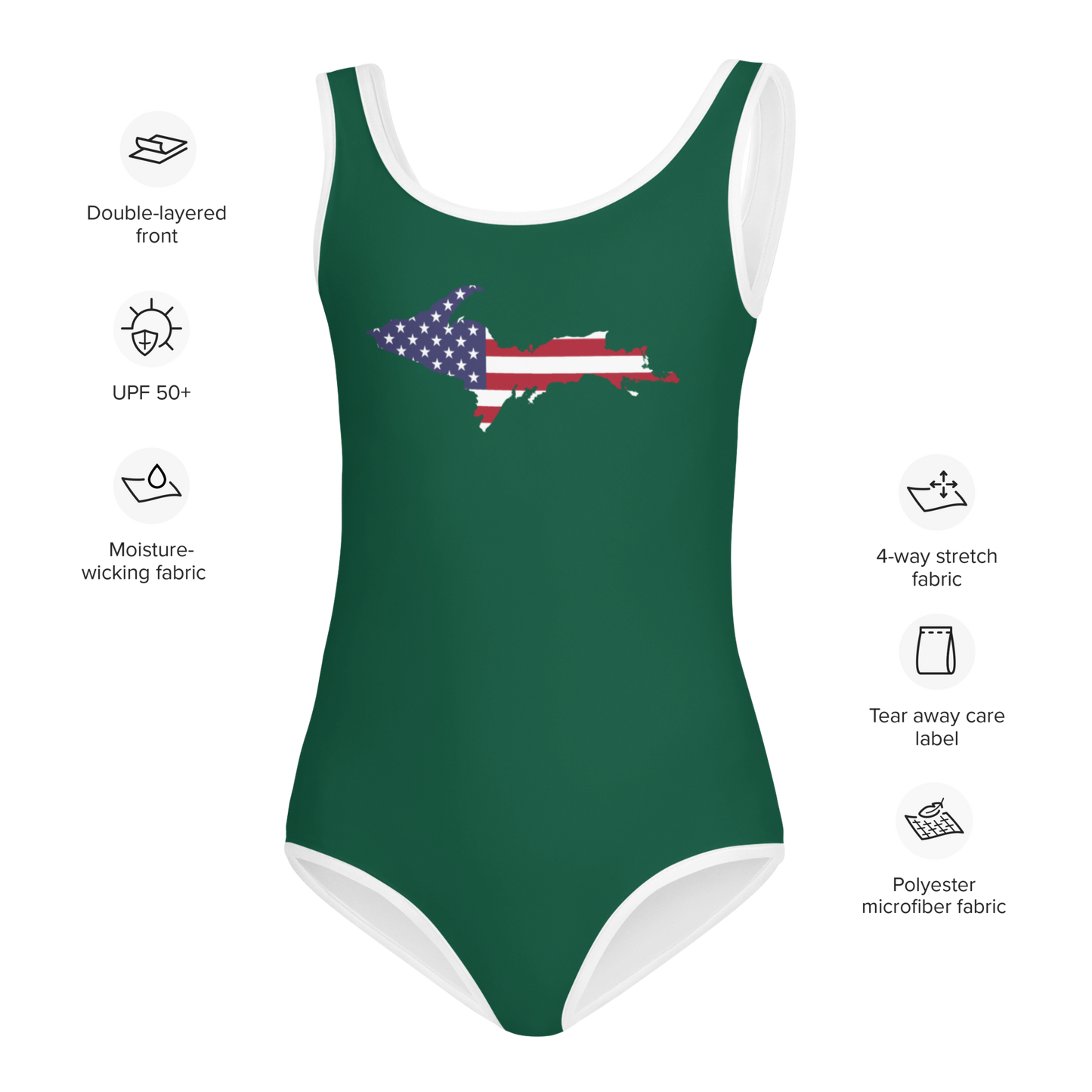 Michigan Upper Peninsula Toddler Swimsuit (w/ UP USA Flag) | Superior Green