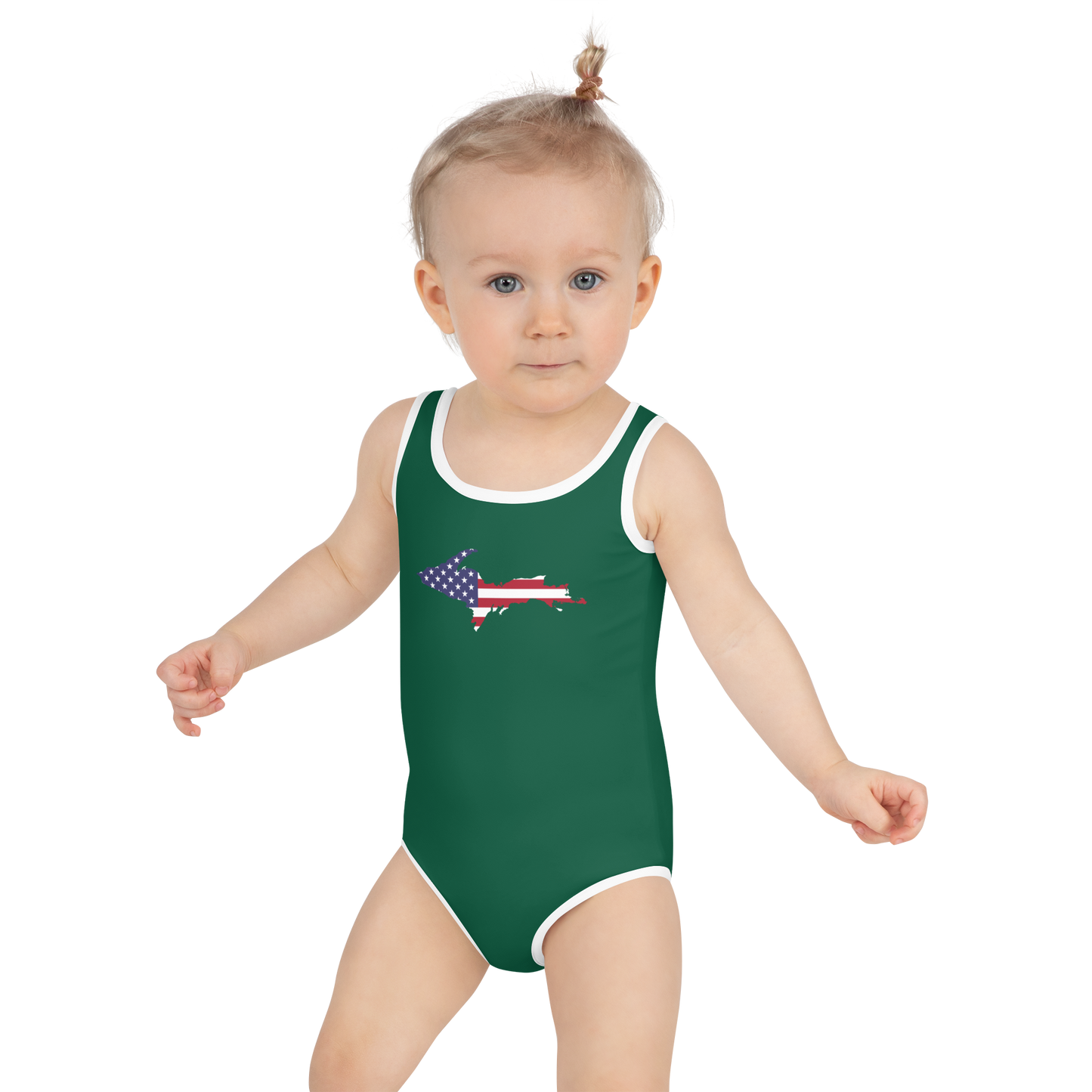 Michigan Upper Peninsula Toddler Swimsuit (w/ UP USA Flag) | Superior Green