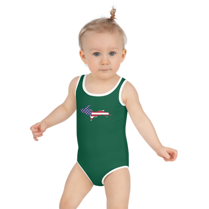 Michigan Upper Peninsula Toddler Swimsuit (w/ UP USA Flag) | Superior Green