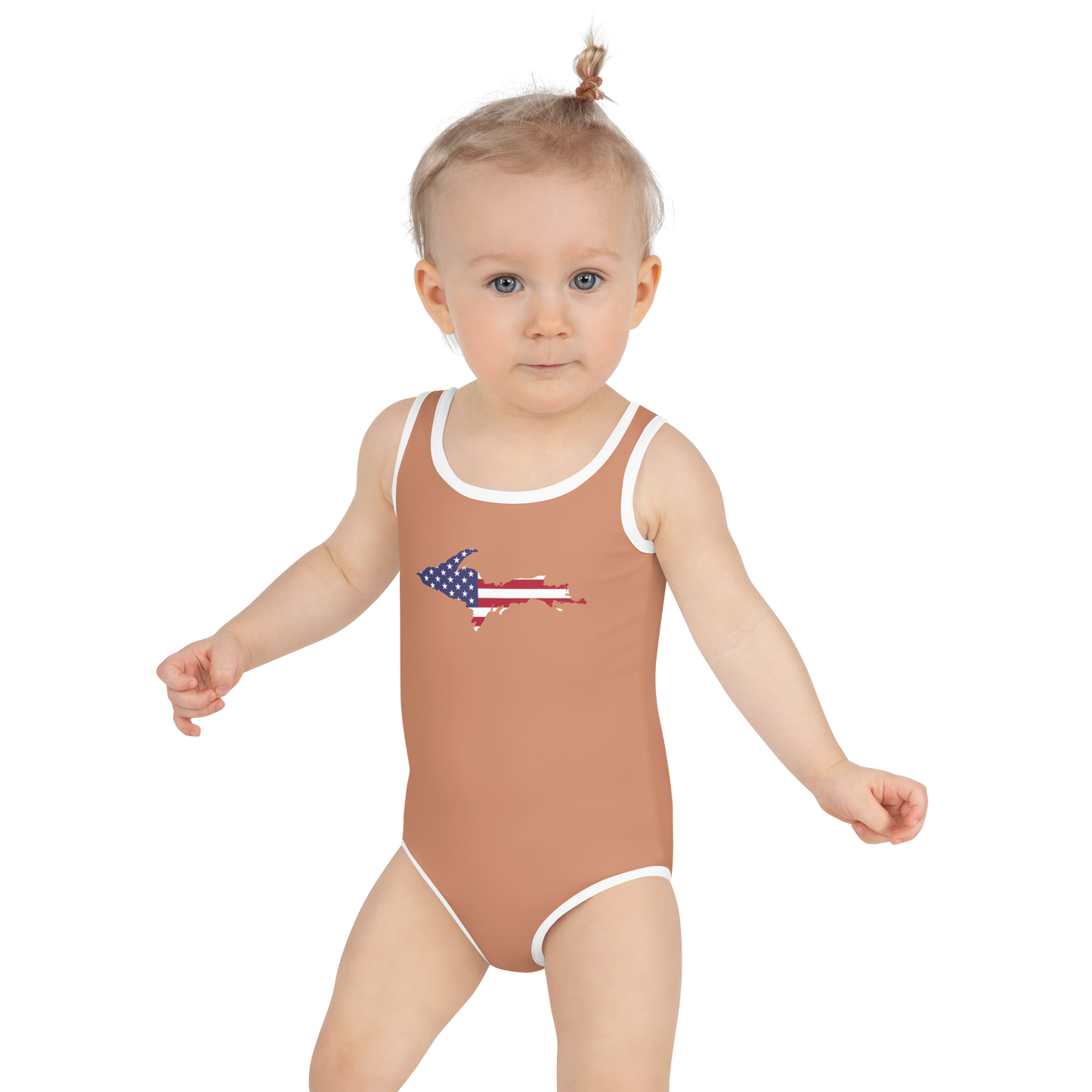 Michigan Upper Peninsula Toddler Swimsuit (w/ UP USA Flag) | Copper Color