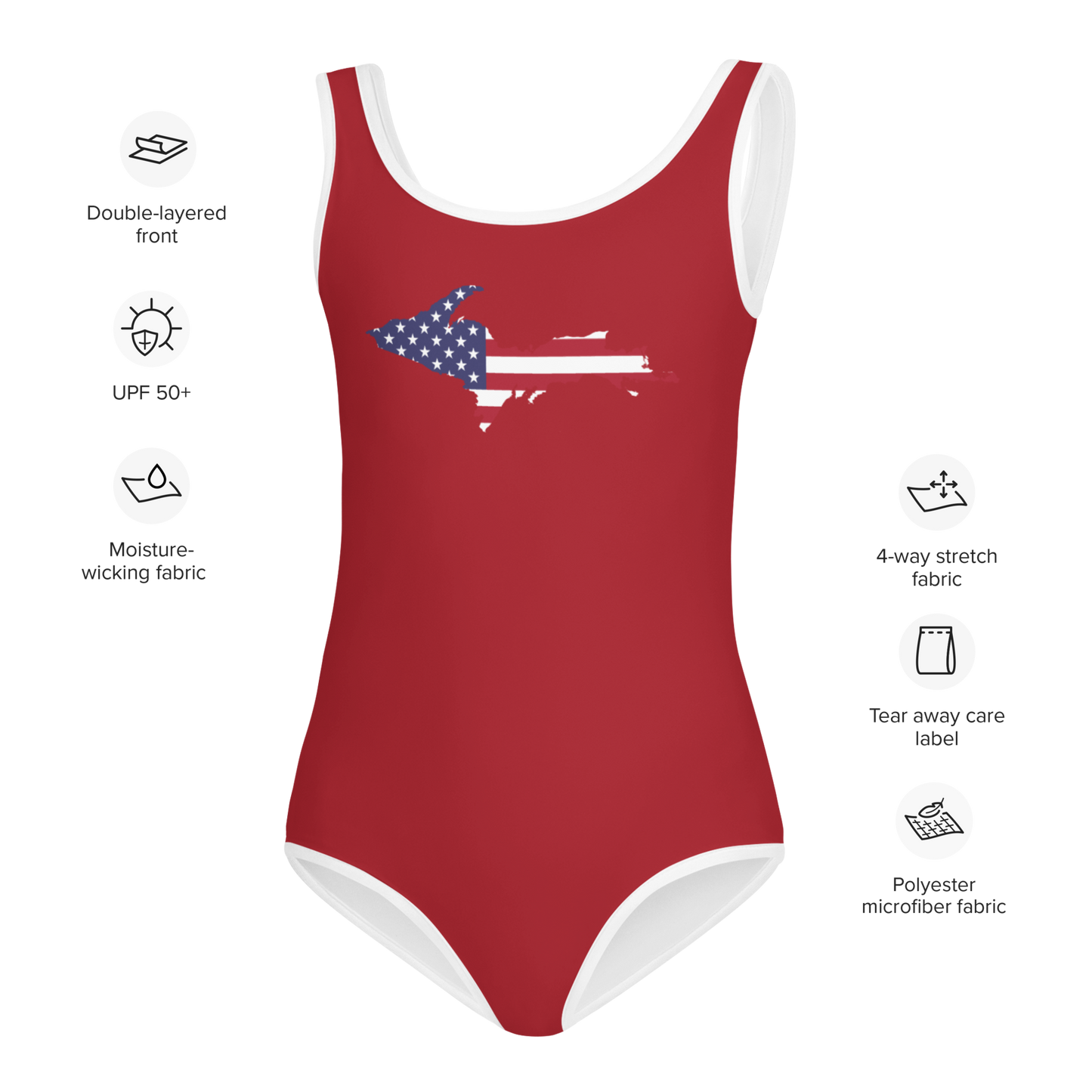 Michigan Upper Peninsula Toddler Swimsuit (w/ UP USA Flag) | Thimbleberry Red