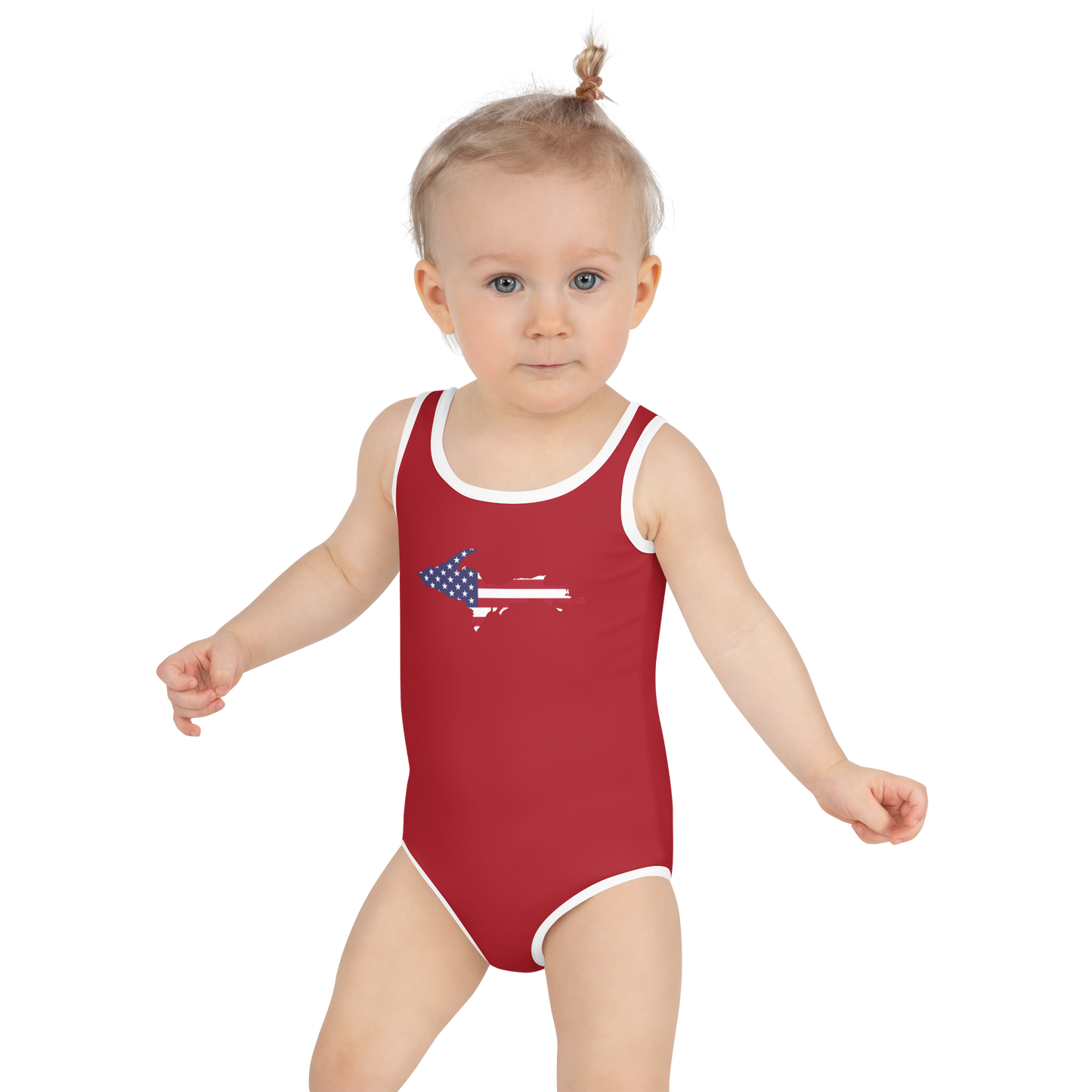 Michigan Upper Peninsula Toddler Swimsuit (w/ UP USA Flag) | Thimbleberry Red