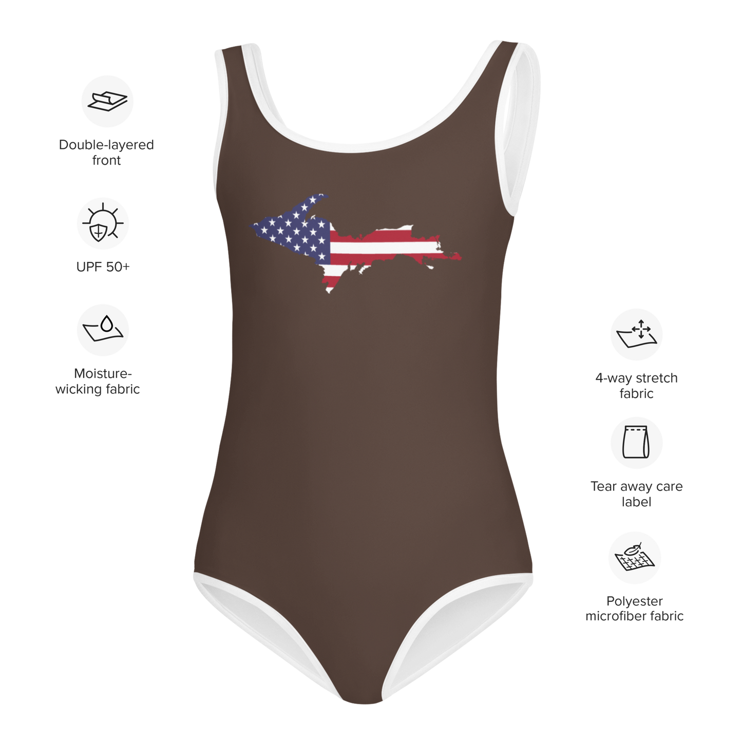 Michigan Upper Peninsula Toddler Swimsuit (w/ UP USA Flag) | Hickory Color