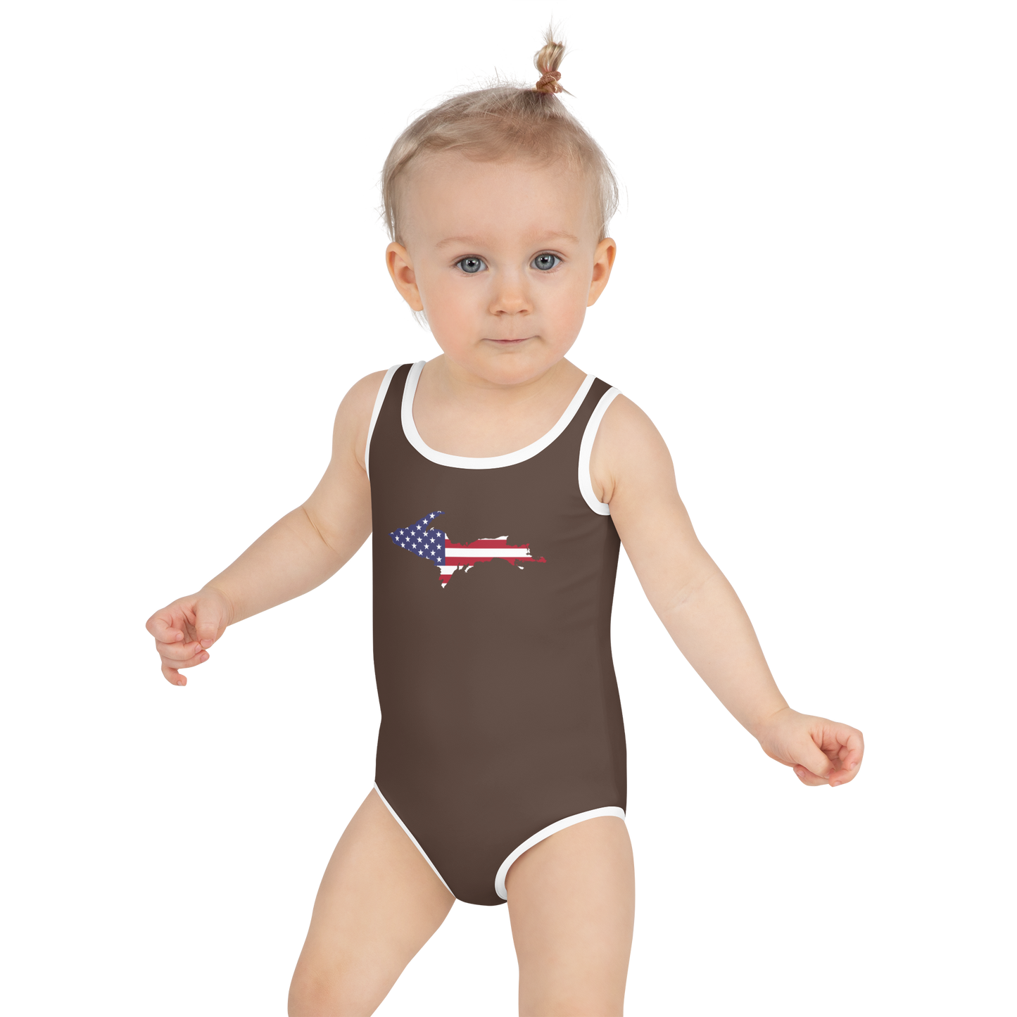 Michigan Upper Peninsula Toddler Swimsuit (w/ UP USA Flag) | Hickory Color