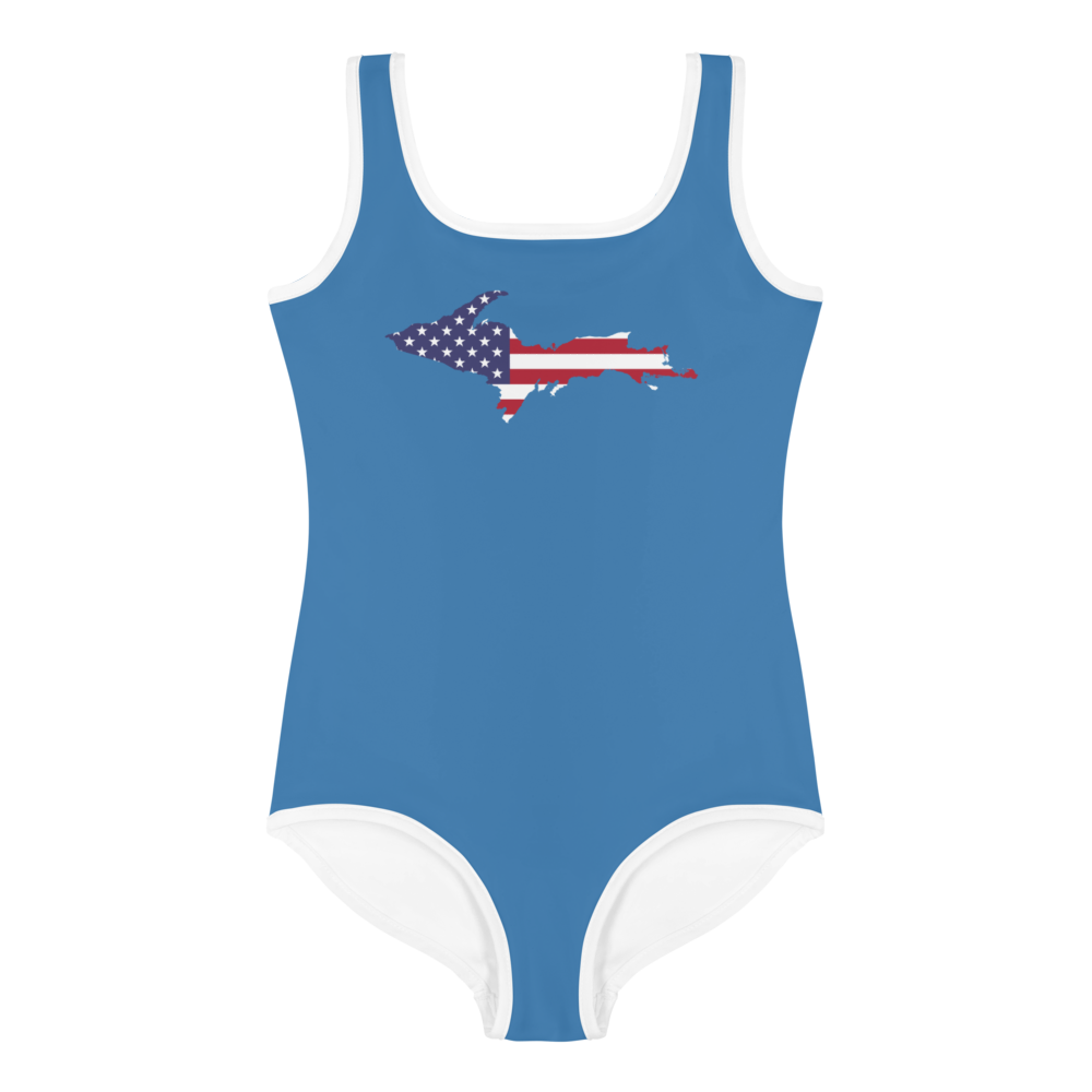 Michigan Upper Peninsula Toddler Swimsuit (w/ UP USA Flag) | Lake Superior Blue