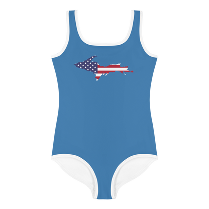 Michigan Upper Peninsula Toddler Swimsuit (w/ UP USA Flag) | Lake Superior Blue