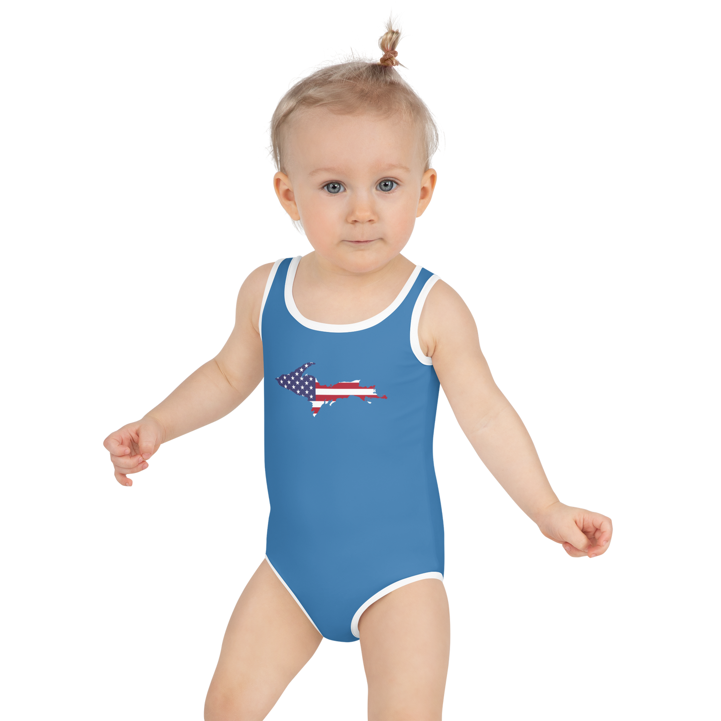 Michigan Upper Peninsula Toddler Swimsuit (w/ UP USA Flag) | Lake Superior Blue