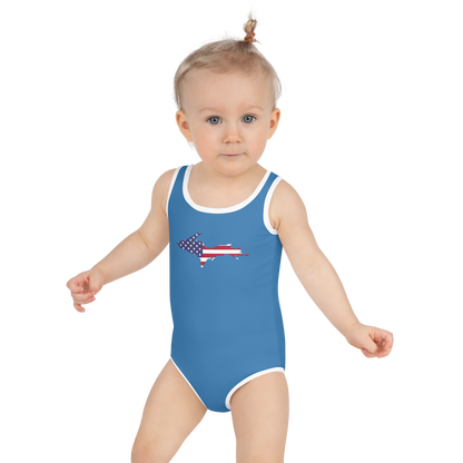 Michigan Upper Peninsula Toddler Swimsuit (w/ UP USA Flag) | Lake Superior Blue