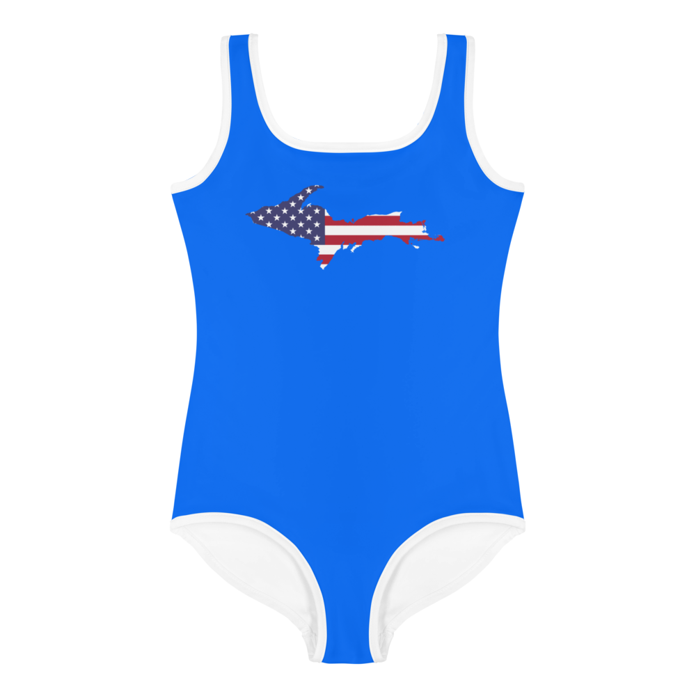 Michigan Upper Peninsula Toddler Swimsuit (w/ UP USA Flag) | Motor Town Blue