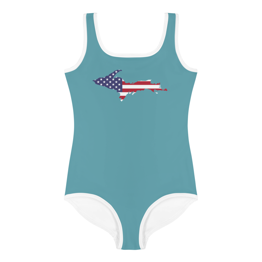 Michigan Upper Peninsula Toddler Swimsuit (w/ UP USA Flag) | Lake Huron Blue