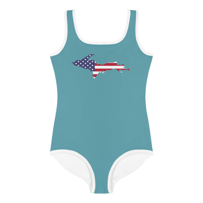 Michigan Upper Peninsula Toddler Swimsuit (w/ UP USA Flag) | Lake Huron Blue