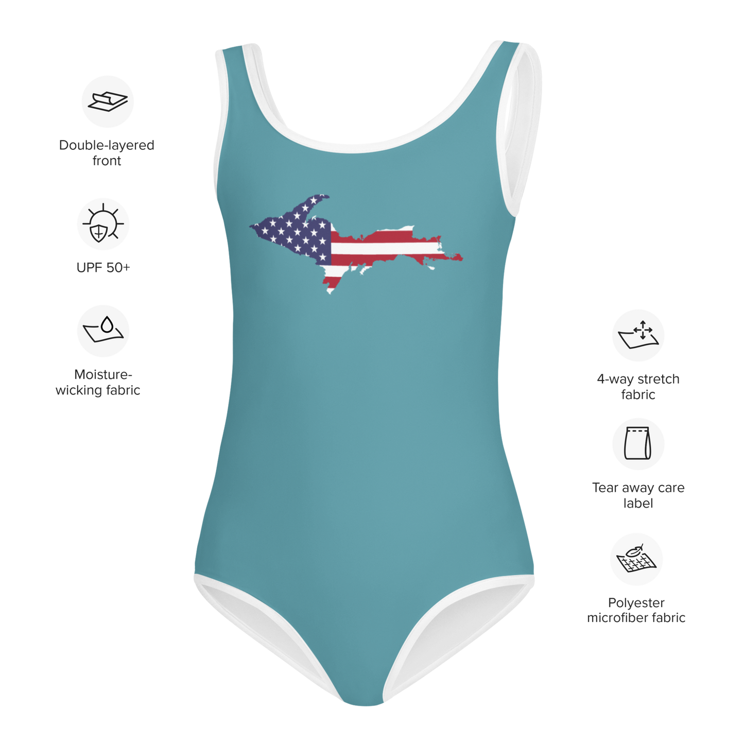 Michigan Upper Peninsula Toddler Swimsuit (w/ UP USA Flag) | Lake Huron Blue