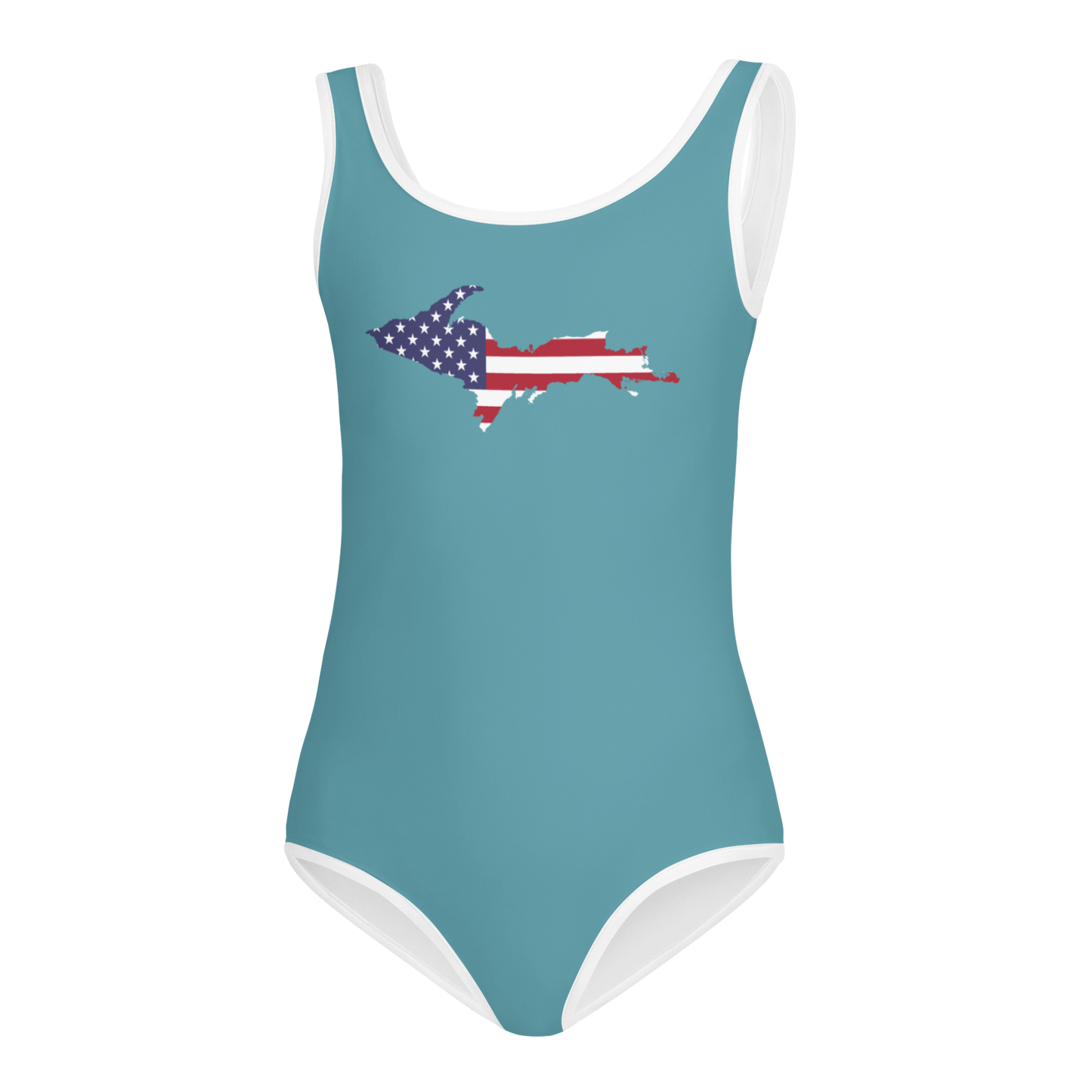 Michigan Upper Peninsula Toddler Swimsuit (w/ UP USA Flag) | Lake Huron Blue