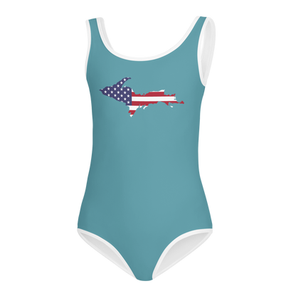 Michigan Upper Peninsula Toddler Swimsuit (w/ UP USA Flag) | Lake Huron Blue