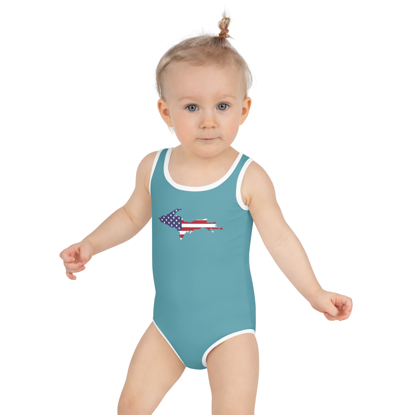 Michigan Upper Peninsula Toddler Swimsuit (w/ UP USA Flag) | Lake Huron Blue