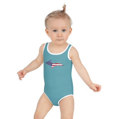 Michigan Upper Peninsula Toddler Swimsuit (w/ UP USA Flag) | Lake Huron Blue