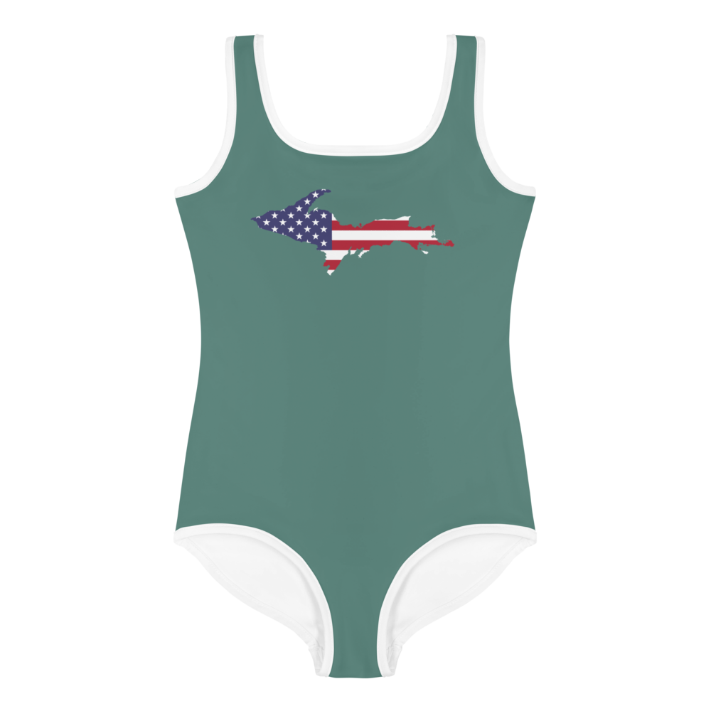 Michigan Upper Peninsula Toddler Swimsuit (w/ UP USA Flag) | Copper Green