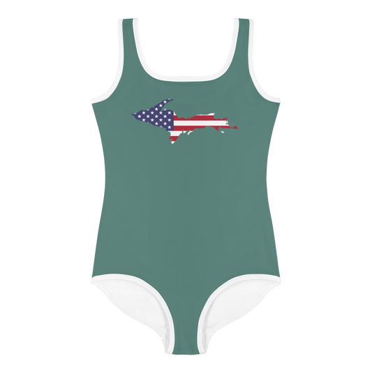 Michigan Upper Peninsula Toddler Swimsuit (w/ UP USA Flag) | Copper Green