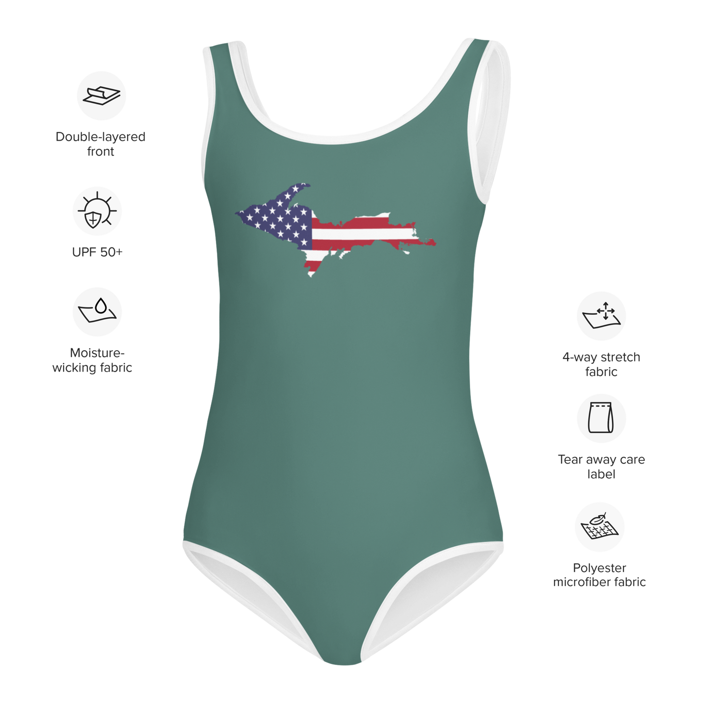 Michigan Upper Peninsula Toddler Swimsuit (w/ UP USA Flag) | Copper Green