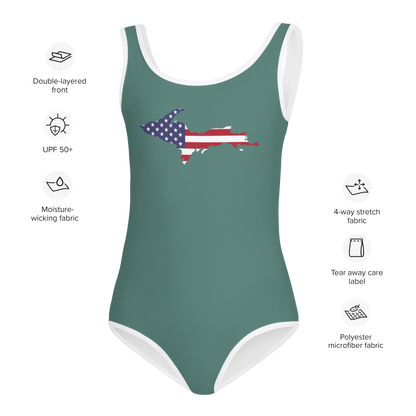 Michigan Upper Peninsula Toddler Swimsuit (w/ UP USA Flag) | Copper Green