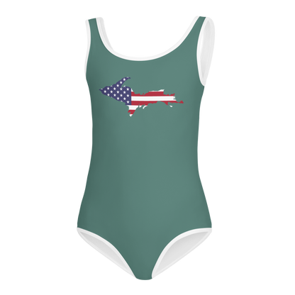 Michigan Upper Peninsula Toddler Swimsuit (w/ UP USA Flag) | Copper Green