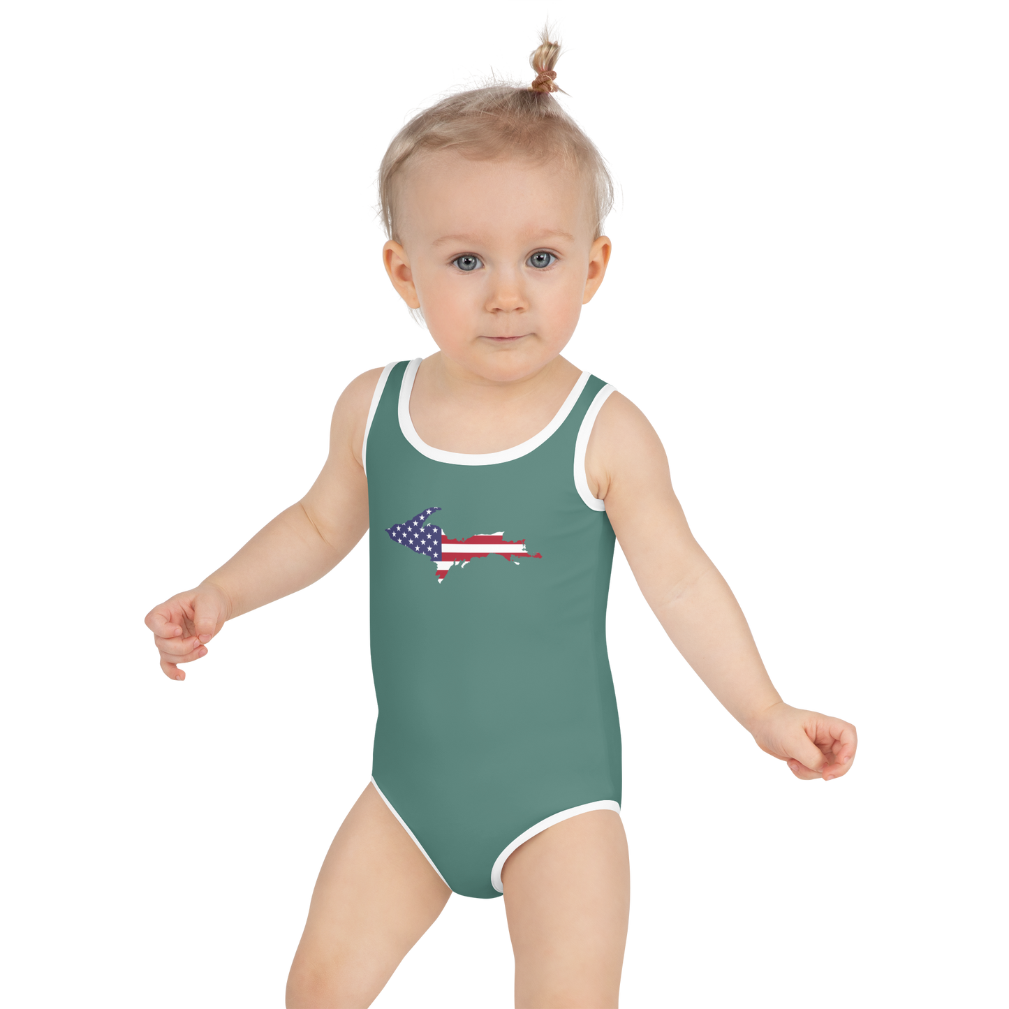 Michigan Upper Peninsula Toddler Swimsuit (w/ UP USA Flag) | Copper Green