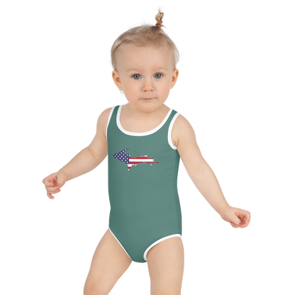 Michigan Upper Peninsula Toddler Swimsuit (w/ UP USA Flag) | Copper Green