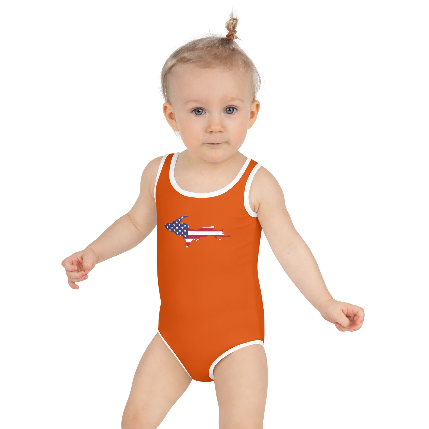 Michigan Upper Peninsula Toddler Swimsuit (w/ UP USA Flag) | Maple Leaf Orange