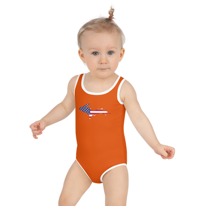 Michigan Upper Peninsula Toddler Swimsuit (w/ UP USA Flag) | Maple Leaf Orange