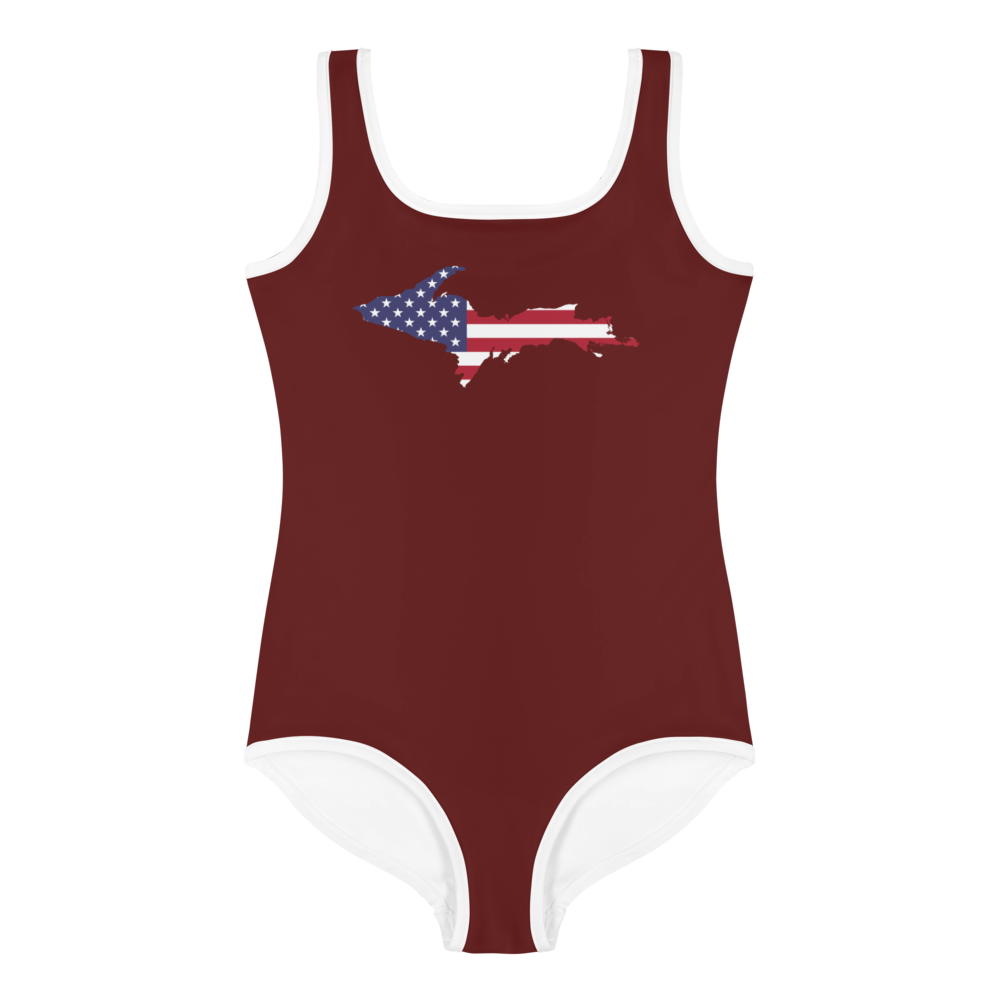 Michigan Upper Peninsula Toddler Swimsuit (w/ UP USA Flag) | Cherrywood Color