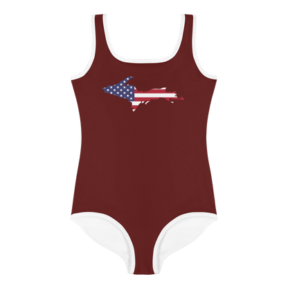 Michigan Upper Peninsula Toddler Swimsuit (w/ UP USA Flag) | Cherrywood Color