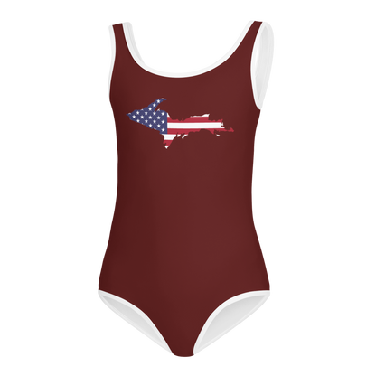 Michigan Upper Peninsula Toddler Swimsuit (w/ UP USA Flag) | Cherrywood Color