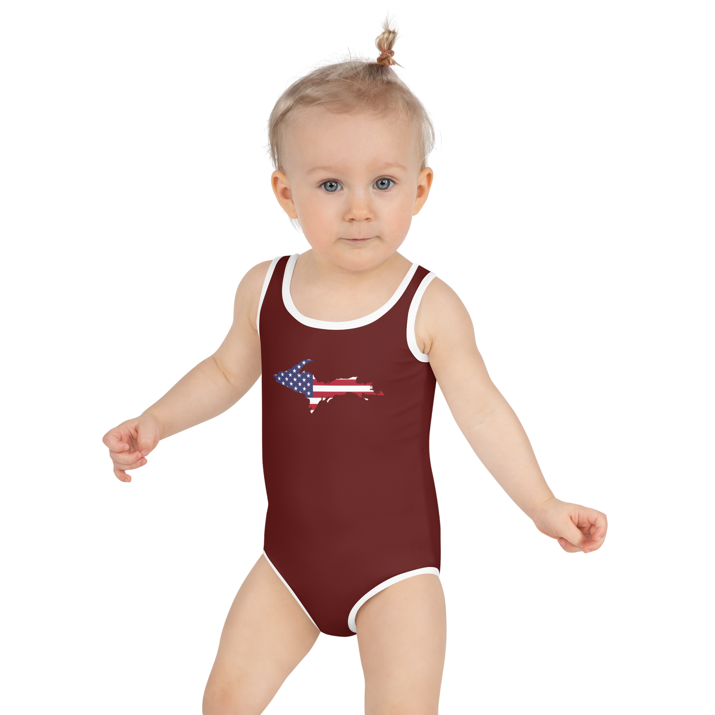 Michigan Upper Peninsula Toddler Swimsuit (w/ UP USA Flag) | Cherrywood Color