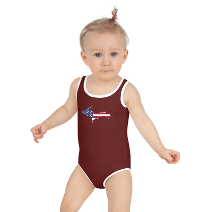 Michigan Upper Peninsula Toddler Swimsuit (w/ UP USA Flag) | Cherrywood Color